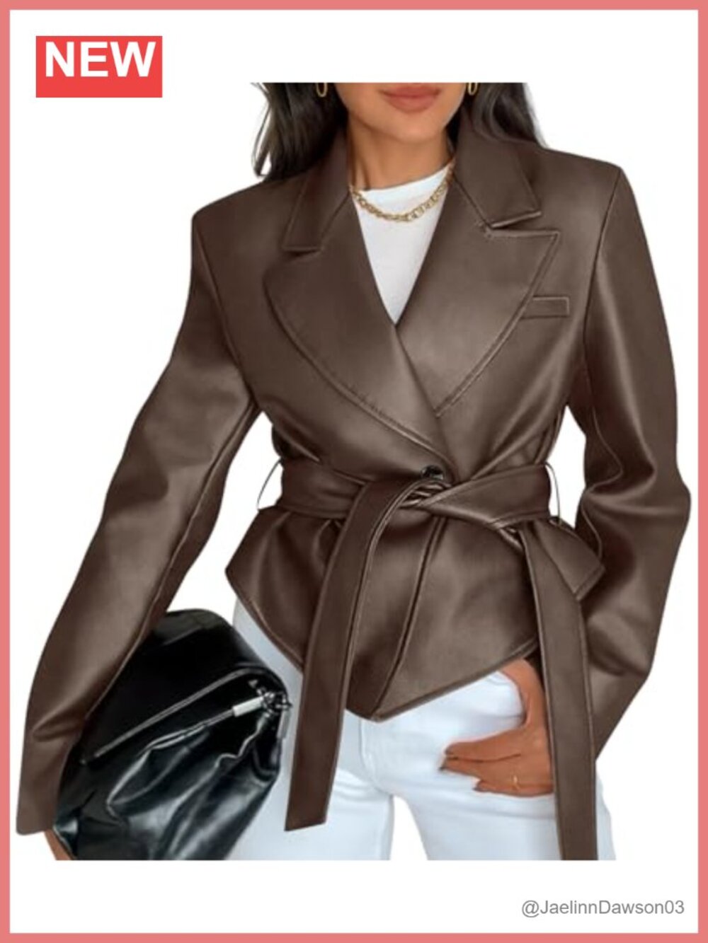 Faux Leather Belted Blazer Jacket Casual Button Down Coat Outwear